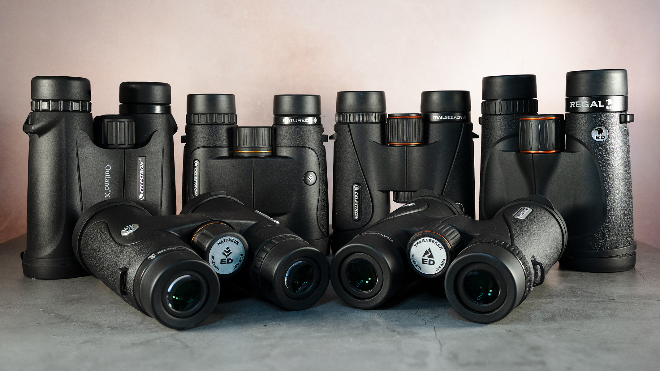 Six pairs of Celestron binoculars on a neutral surface