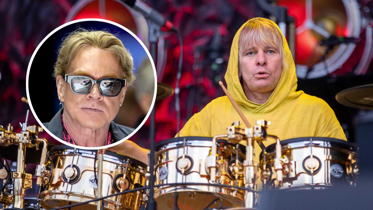 Zak Starkey onstage at (inset) Axl Rose headshot