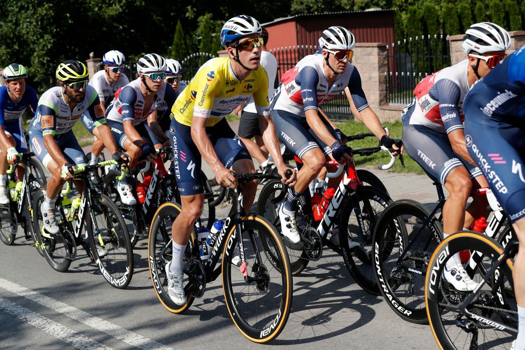 KRAKOW POLAND AUGUST 15 Joo Pedro Gonalves Almeida of Portugal and Team Deceuninck QuickStep Yellow Leader Jersey during the 78th Tour de Pologne 2021 Stage 7 a 145km stage from Zabrze to Krakw TourdePologne TDP2021 UCIWT on August 15 2021 in Krakow Poland Photo by Bas CzerwinskiGetty Images