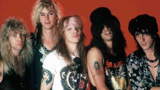 Guns N’ Roses posing for a photograph in 1987