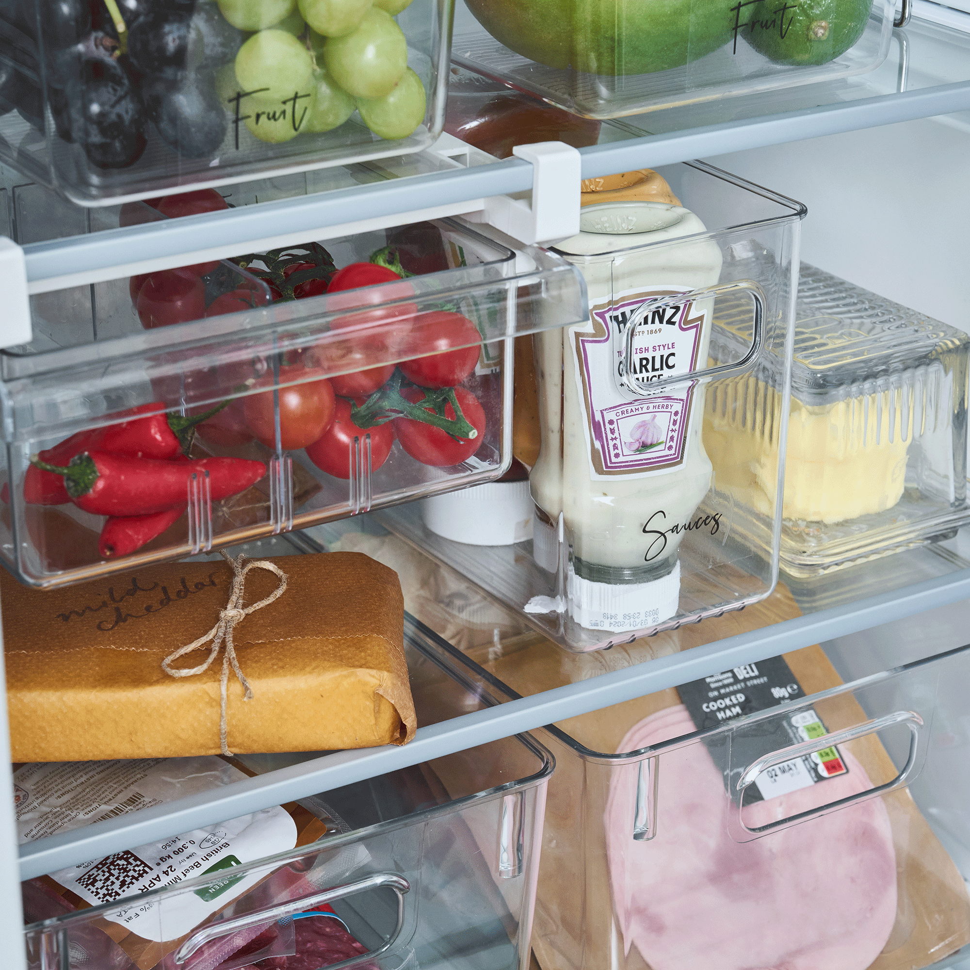 fridge with storage bins