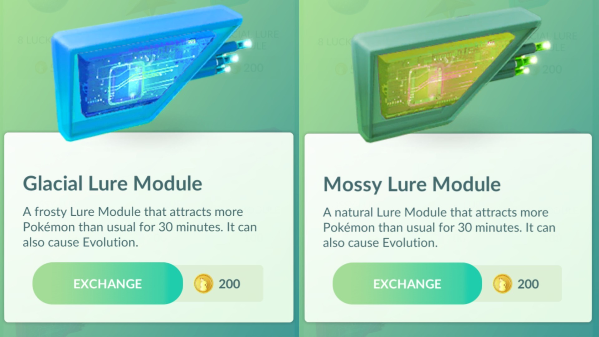 Layar modul Pokémon Go Glacial Lure dan Mossy Lure