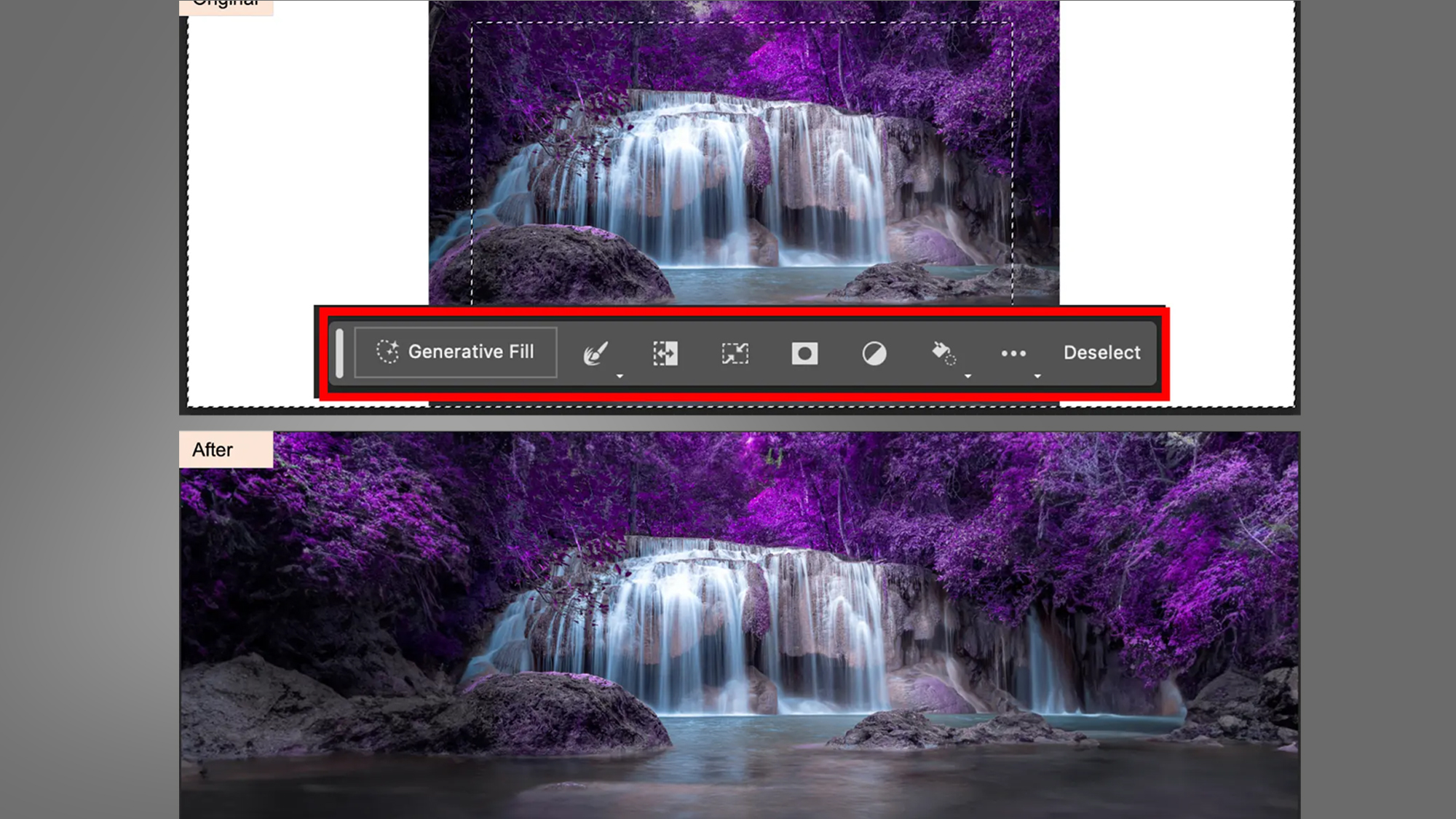 تصویر یک آبشار در حال گسترش با استفاده از ابزار Generative Fill Adobe