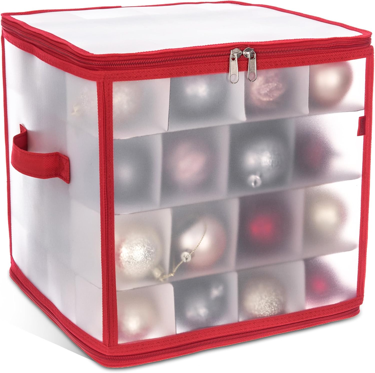 Christmas Village Bauble and Decoration Storage Cube With Padded Dividers for 64 Xmas Ornaments &amp;ndash; Heavy Duty Folding 4 Layer Holder With Separators, Zipped Lid and Handles (red)