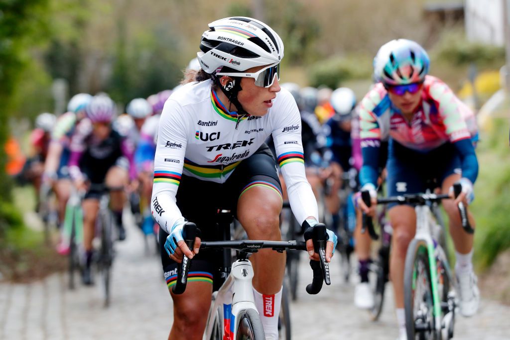 OUDENAARDE BELGIUM APRIL 03 Elisa Balsamo of Italy and Team Trek Segafredo world champion jersey competes during the 19th Ronde van Vlaanderen Tour des Flandres 2022 Womens Elite a 1586km one day race from Oudenaarde to Oudenaarde RVV22 RVVwomen on April 03 2022 in Oudenaarde Belgium Photo by Bas CzerwinskiGetty Images