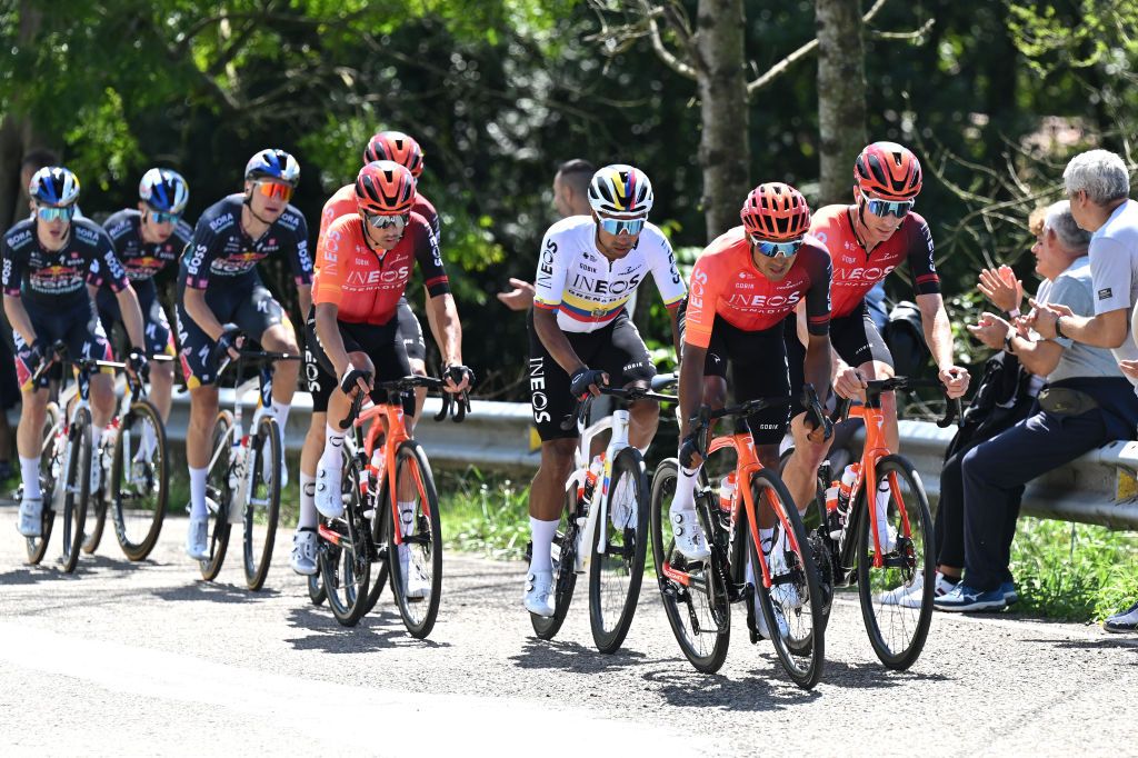 PICON BLANCO BURGOS SPAIN SEPTEMBER 07 LR Jhonatan Narvaez of Ecuador Brandon Smith Rivera of Colombia and Kim Heiduk of Germany and Team INEOS Grenadiers competes during the La Vuelta 79th Tour of Spain 2024 Stage 20 a 172km stage from Villarcayo to Picon Blanco 1491m UCIWT on September 07 2024 in Picon Blanco Burgos Spain Photo by Tim de WaeleGetty Images