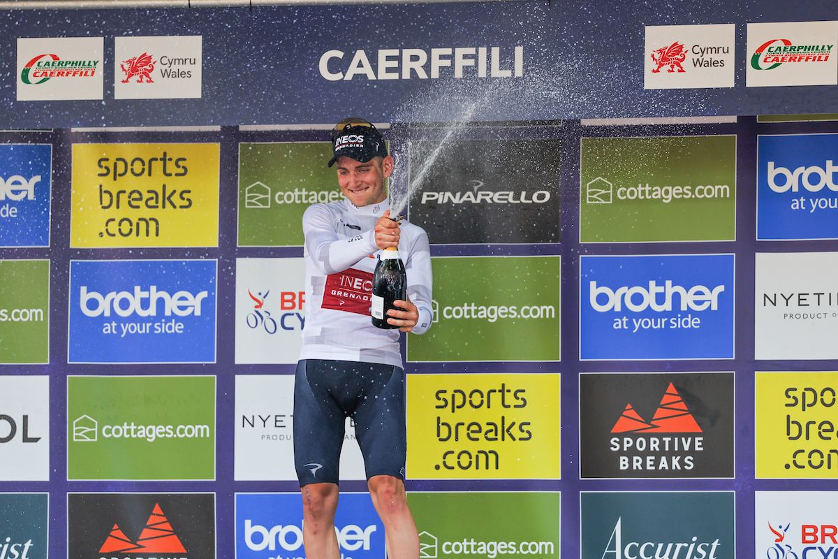 Picture by Alex Whitehead/SWpix.com - 10/09/2023 - Cycling - 2023 Tour of Britain - Stage 8: Margam Country Park to Caerphilly (166.8km) - Magnus Sheffield of Team INEOS Grenadiers on the podium taking the victory in the Sportive Breaks Young Rider classification