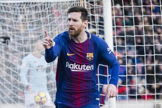 Lionel Messi celebrates after scoring against Celta Vigo at Camp Nou in 2017.