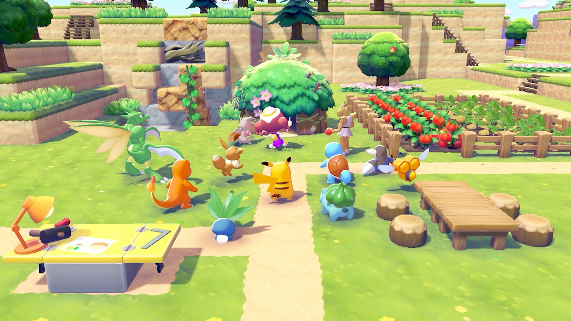 Pokemon gathering to watch a new hut being built in Pokemon Pokopia, with a waterfall being constructed in the background