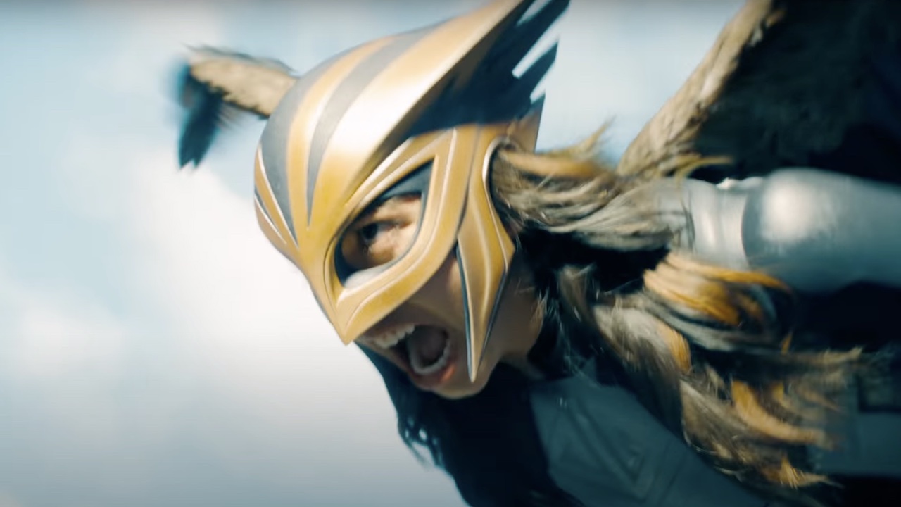 Isabela Merced&#039;s Hawkgirl screaming as she flies