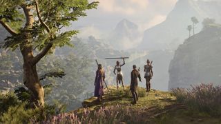 Lae'zel, Shadowheart, Gale and Wyl gathered on a hillside