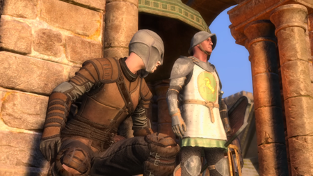 Grey Fox in leather armor sneaking up on town guard in belltower in Skyblivion.