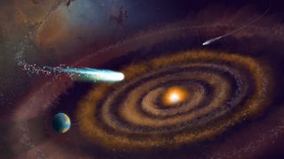 An illustration showing glowing planet-forming rings with a burst of water streaking across them an a planet in the distance