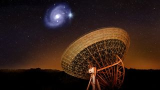An artist's depiction of the Effelsberg telescope, part of the European Very-long-baseline Interferometery Network, studying fast radio burst FRB20180916B.