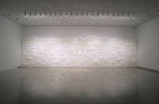 Installation at the Rice Gallery. On the far wall, we see a cloud-like structure with an uneven edge at the top.