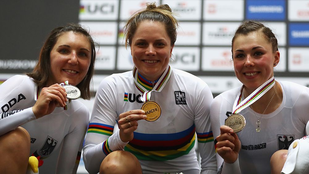 Women's Individual Pursuit podium: Ashlee Ankudinoff, Lisa Brennauer, Lisa Klein