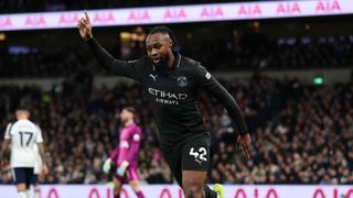 Antoine Semenyo of Manchester City celebrates scoring his team's second goal during the Premier League match between Tottenham Hotspur and Manchester City at Tottenham Hotspur Stadium on February 01, 2026 in London, England. 