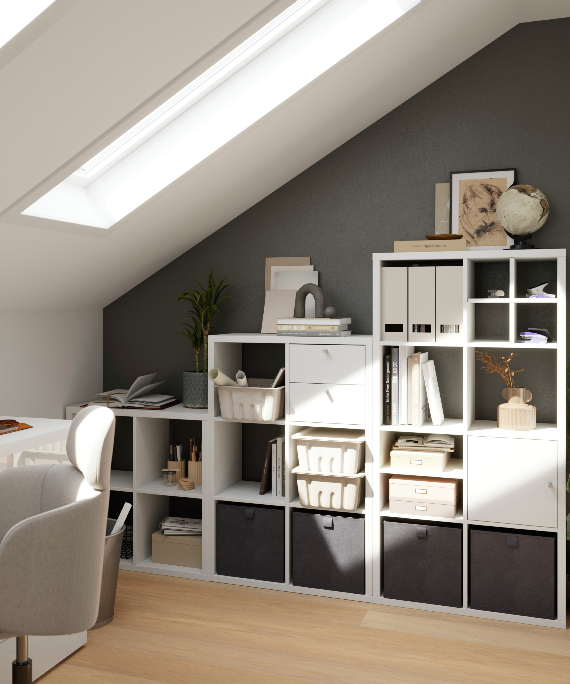 loft conversion home office with velux window, desk, chair and white cubes placed at staggered heights below slope against dark grey wall