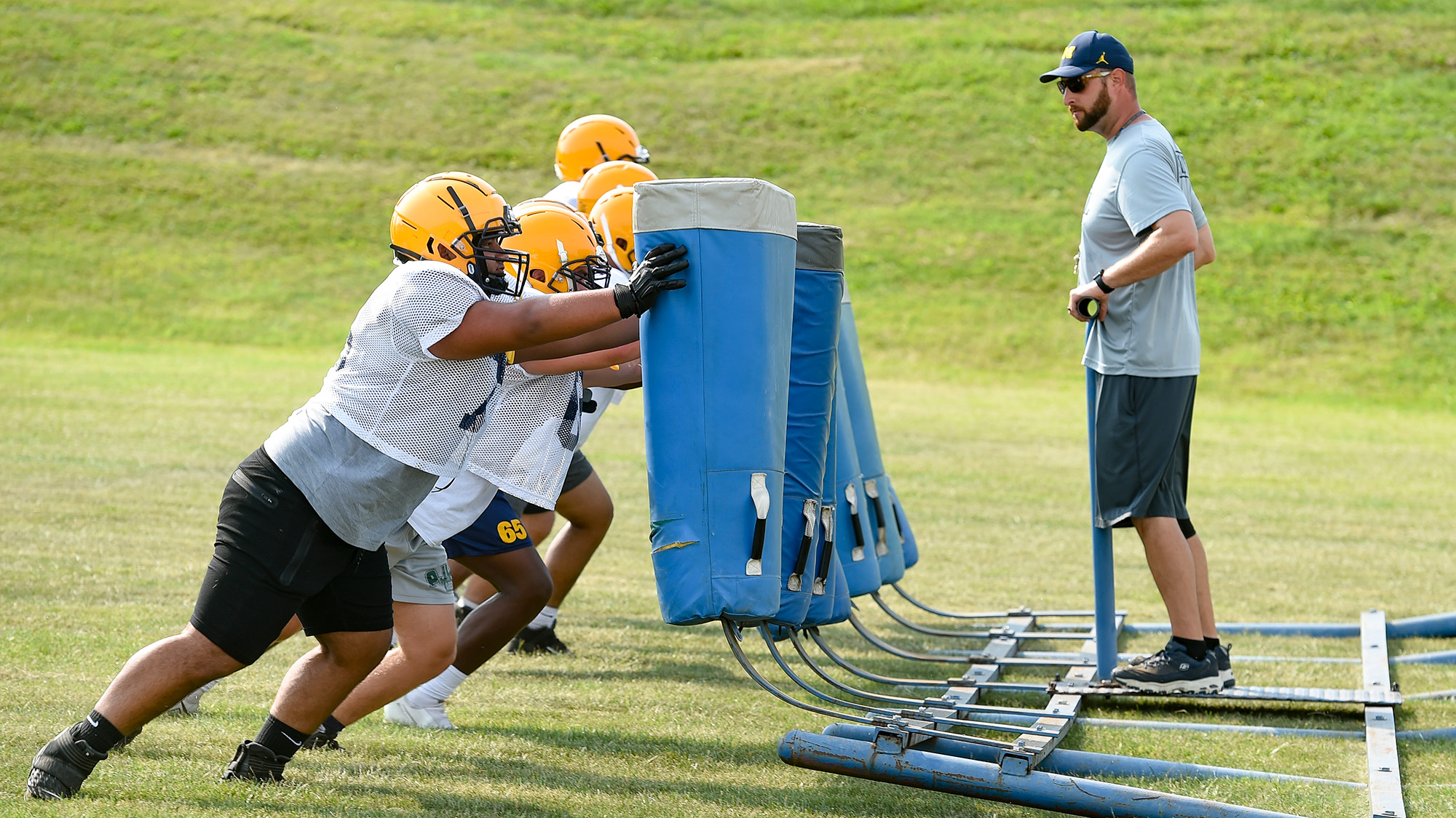 A series of football players push against training material on a green lawn with a coach standing next to them.