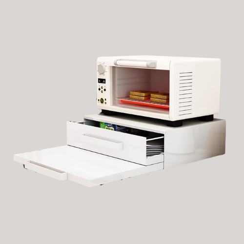 Sliding Countertop Tray With Drawer, Carbon Steel Organizer Shelf, Kitchen Microwave Oven Pull Out Organizer Tray, 47 X 36~62 X 14 Cm, White