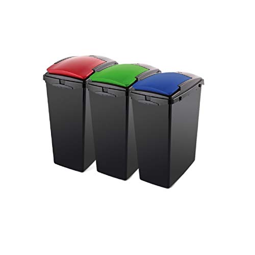 Addis Recycling 40 Litre Set of 3 Waste Utility Plastic Bins With Interlocking Clips, Colour Coded Lids &amp;acirc;&amp;euro;&amp;ldquo; Blue, Red &amp;amp; Green, 3 X 40l