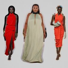 A collage of models wearing the halter dress trend.