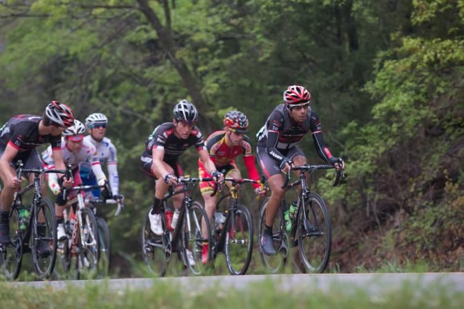 Jamis Hagens Berman rider Luis Amaran leads the breakaway. Amaran, 14 seconds back on GC, was virtual leader on the road.