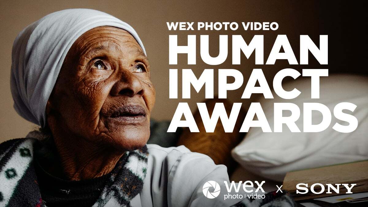 An elderly person wearing traditional clothing sits, surrounded by soft, muted tones, promoting the Human Impact Awards by WEX and Sony