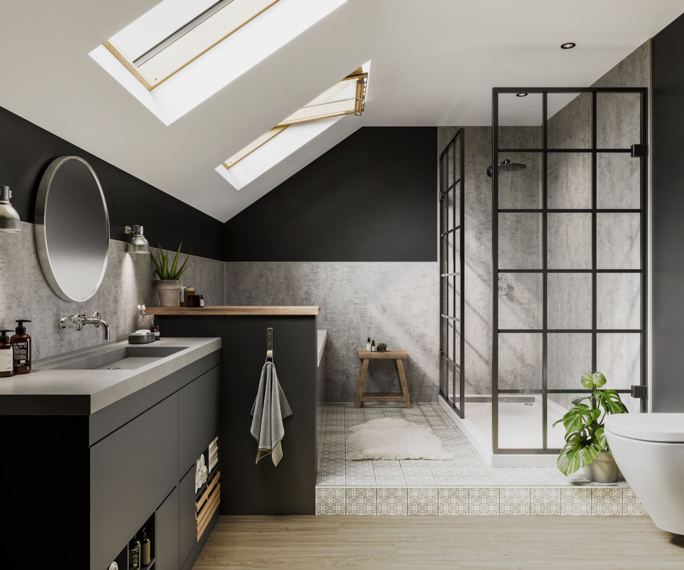A large bathroom in a loft conversion with a walk in shower and a large vanity, the walls are half wet wall panels on the bottom and half dark painted walls in the top