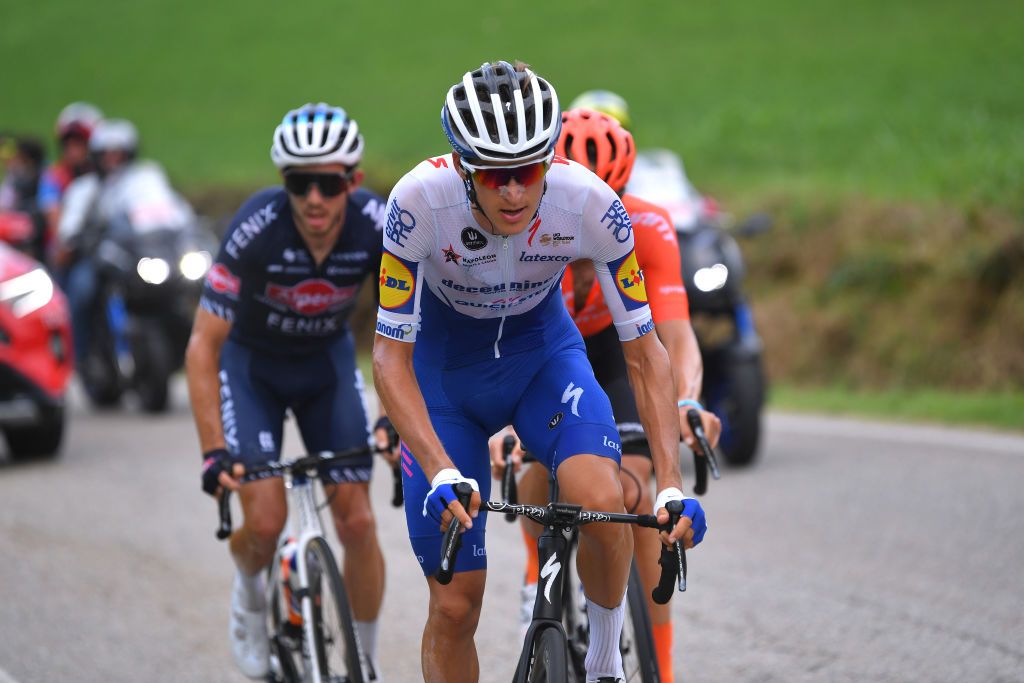 BAROLO ITALY AUGUST 12 Mikkel Frolich Honore of Denmark and Team Deceuninck QuickStep Breakaway during the 104th Giro del Piemonte 2020 a 187km race from Santo Stefano Belbo to Barolo 294m GranPiemonte GranPiemonte on August 12 2020 Barolo Italy Photo by Tim de WaeleGetty Images
