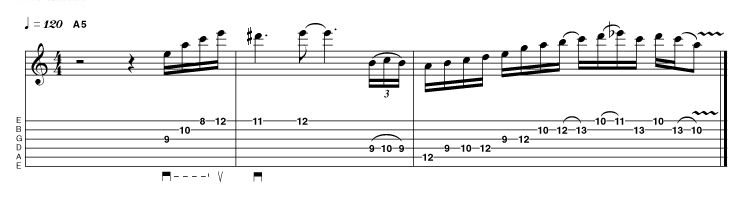 Ritchie Blackmore inspired this arpeggio/scale combination phrase, utilising the minor triad, the flattened 5th interval, and the minor pentatonic add 2 scale (A B C D E G), with elements of blues phrasing in the final bar.