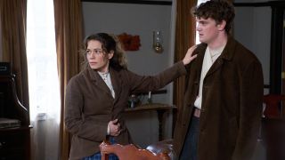 Bethany Joy Lenz and Vincent Muller are shown on the Hallmark+ series Hope Valley: 1874.