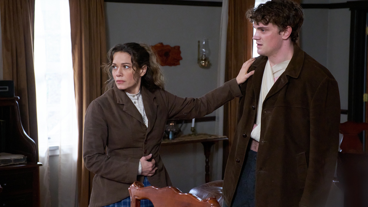 Bethany Joy Lenz and Vincent Muller are shown on the Hallmark+ series Hope Valley: 1874.