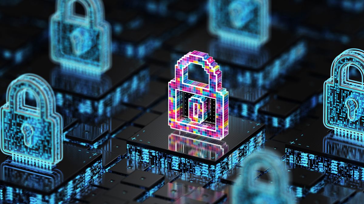 A CGI render of a multi-colored padlock hologram, floating above computer hardware and surrounded by blue padlocks to represent zero trust security.