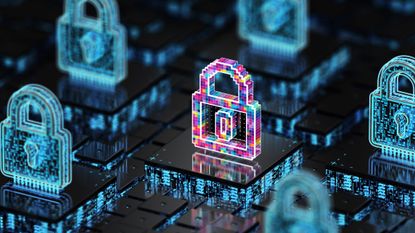 A CGI render of a multi-colored padlock hologram, floating above computer hardware and surrounded by blue padlocks to represent zero trust security.