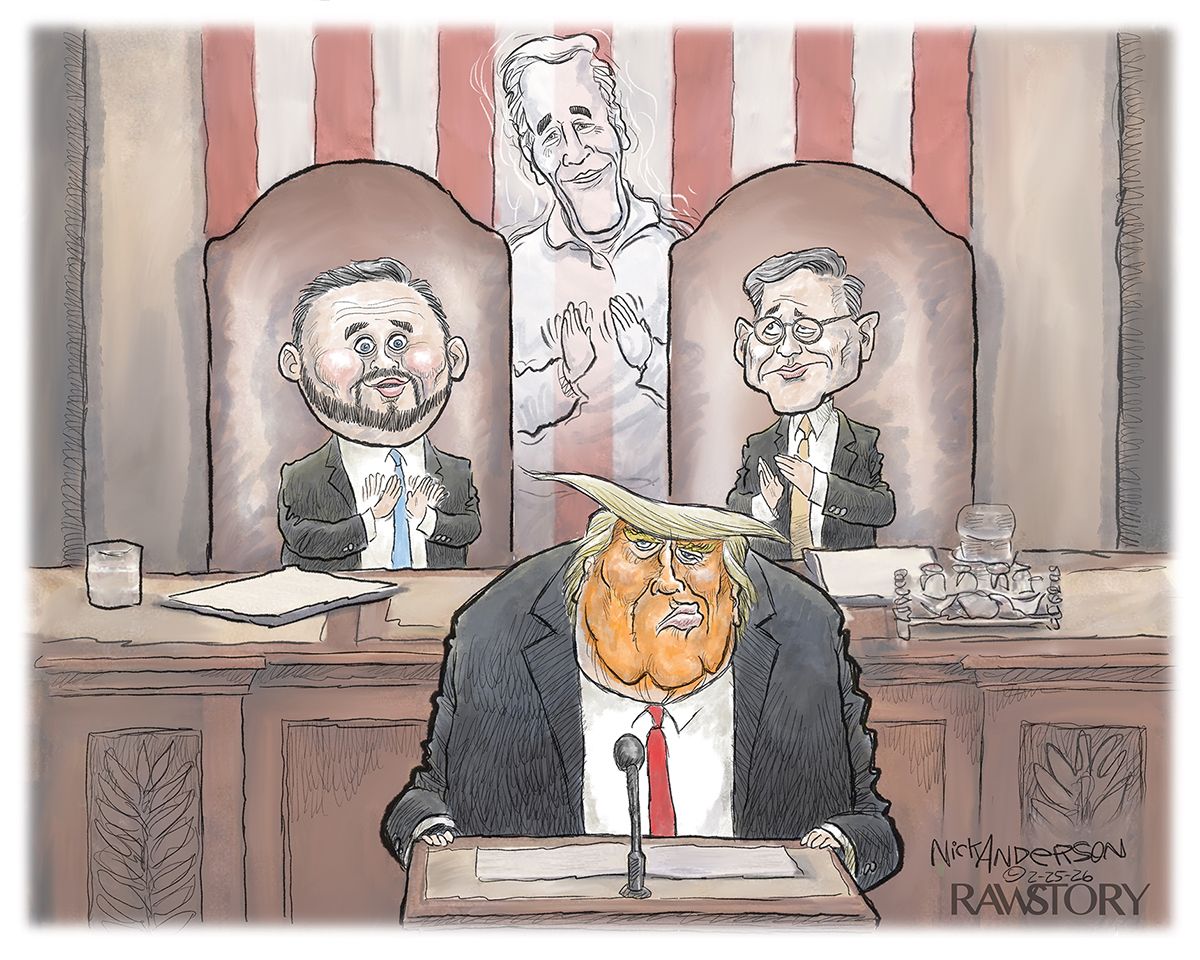 
                                A glum-looking Donald Trump gives his state of the union address while a dorky-looking JD Vance and Mike Johnson are behind him. The ghost of Jeffrey Epstein sits between the two men and smirks as he applauds.
                            
