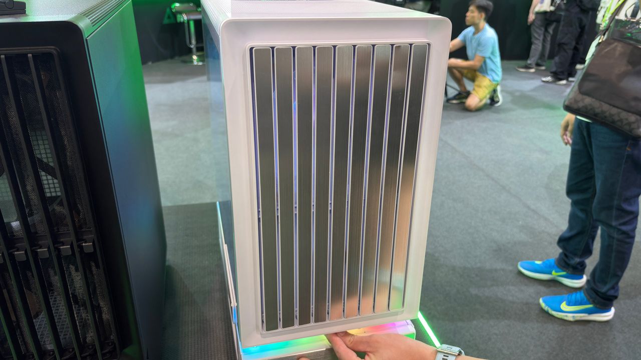 A photo of a Montech F738 Pro PC case, as displayed at Computex 2026, with its front panel shutters closed