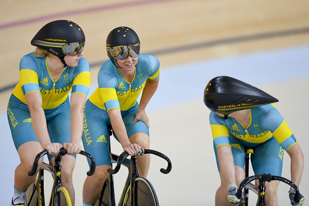 The Australian women train on the velodrome in Rio