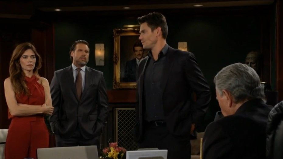 Amelia Heinle, Joshua Morrow and Mark Grossman as Victoria, Adam and Nick in Victor&#039;s office in The Young and the Restless