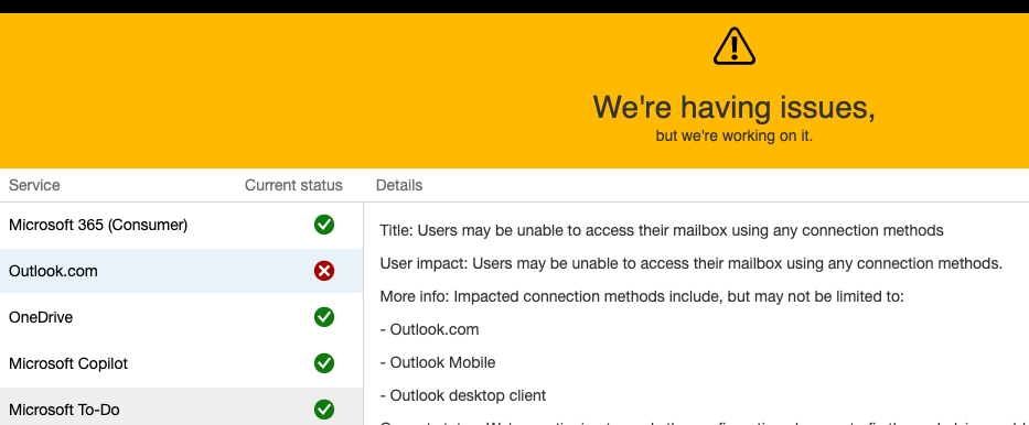 Microsoft status page