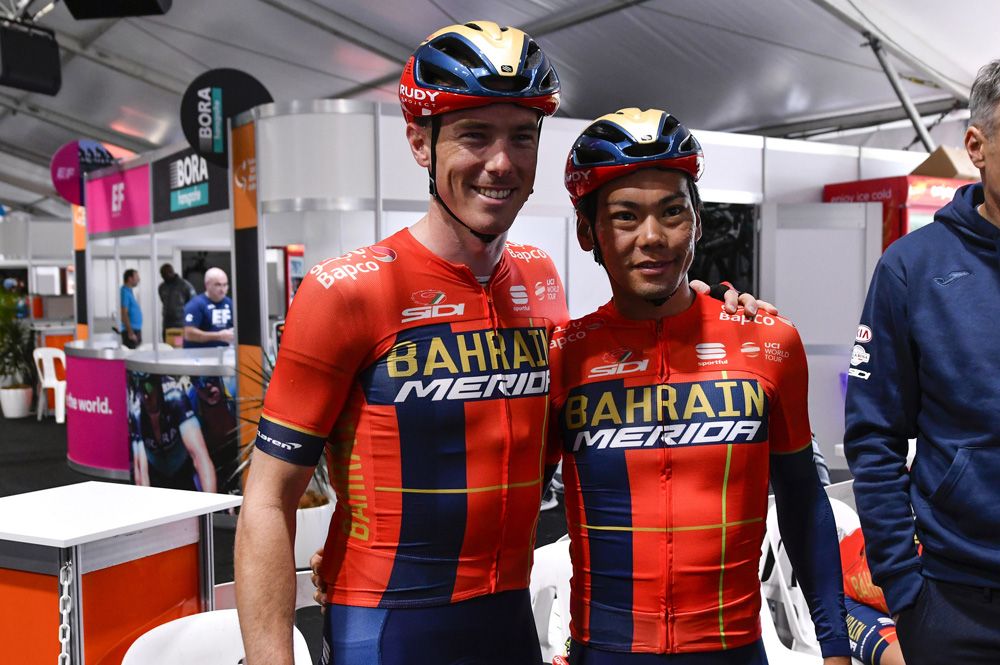 Rohan Dennis and Yukiya Arashiro show off the new Bahrain-Merida jersey