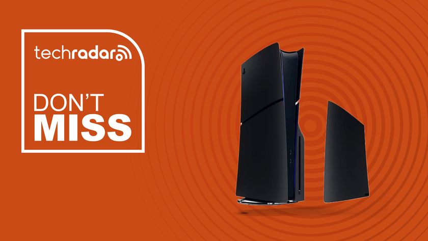 A black PS5 console against a burnt orange background