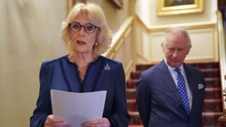 Camilla, Queen Consort, joined by King Charles III, speaks as she hosts a reception at Clarence House for authors, members of the literary community and representatives of literacy charities, to celebrate the second anniversary of The Reading Room on February 23, 2023 in London, England. The Reading Room, which was official launched by the Queen Consort 2 years ago, champions literacy and encourages readers to find new literature.