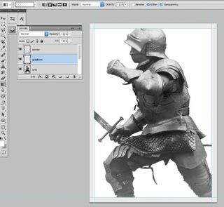 Knight image in Photoshop, in greyscale, with a highlight on the arm, shoulder and head