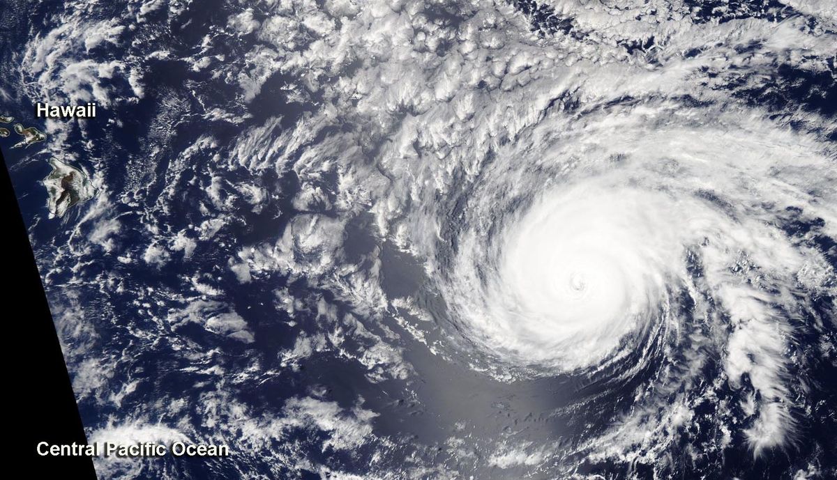 On July 24 at 1:30 p.m. EDT, the MODIS instrument aboard NASA's Aqua satellite provided a visible image of Hurricane Douglas as it continued on a track toward the Hawaiian Islands. The image showed a clear eye with a circular structure.
