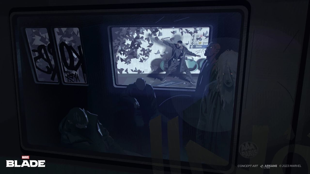 A dark room with a TV screen showing Blade