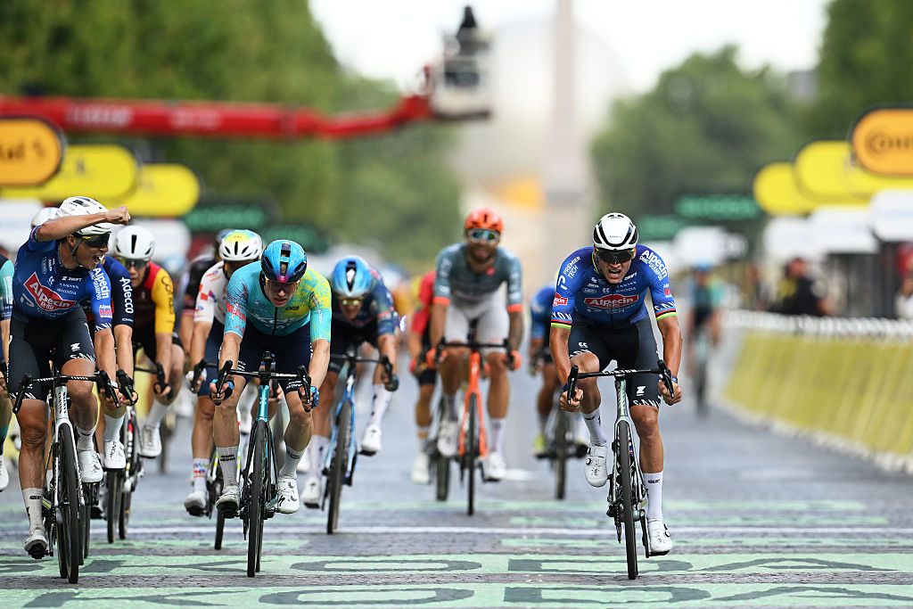 PARIS, FRANCE - JULY 26: Mathieu van der Poel of Netherlands and Team Alpecin-Premier Tech reacts at finish line as stage winner during the 113th Tour de France 2026, Stage 21 a 89km stage from Paris to Paris / #UCIWT / on July 26, 2026 in Paris, France. (Photo by Dario Belingheri/Getty Images)