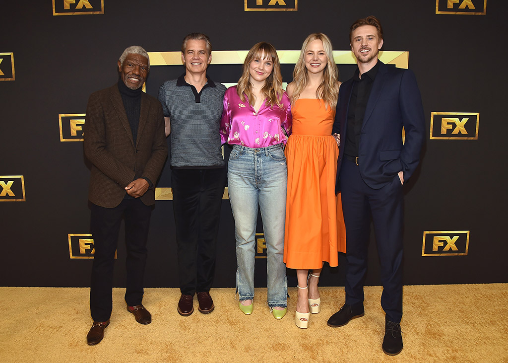 At the TCA Winter Press Tour session for FX’s Justified: City Primeval (l. to r.) cast members Vondie Curtis Hall, Timothy Olyphant, Vivian Olyphant, Adelaide Clemens and Boyd Holbrook.