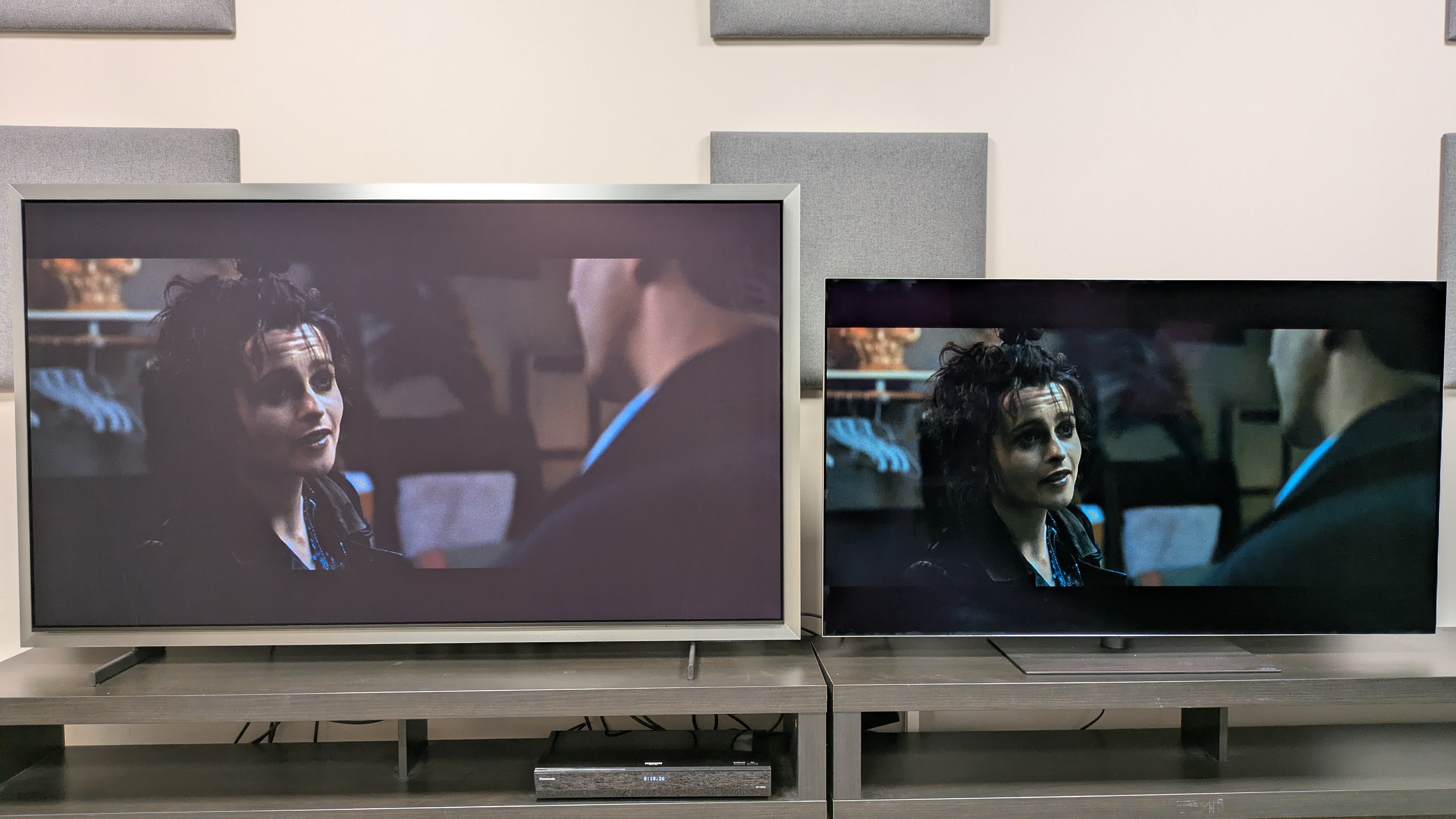 Samsung S99H (left) vs LGG6 (right) showing Marla from Fight Club. Both TVs set to Filmmaker Mode, the G6 has the more impactful contrast while the S99H looks a bit dimmer