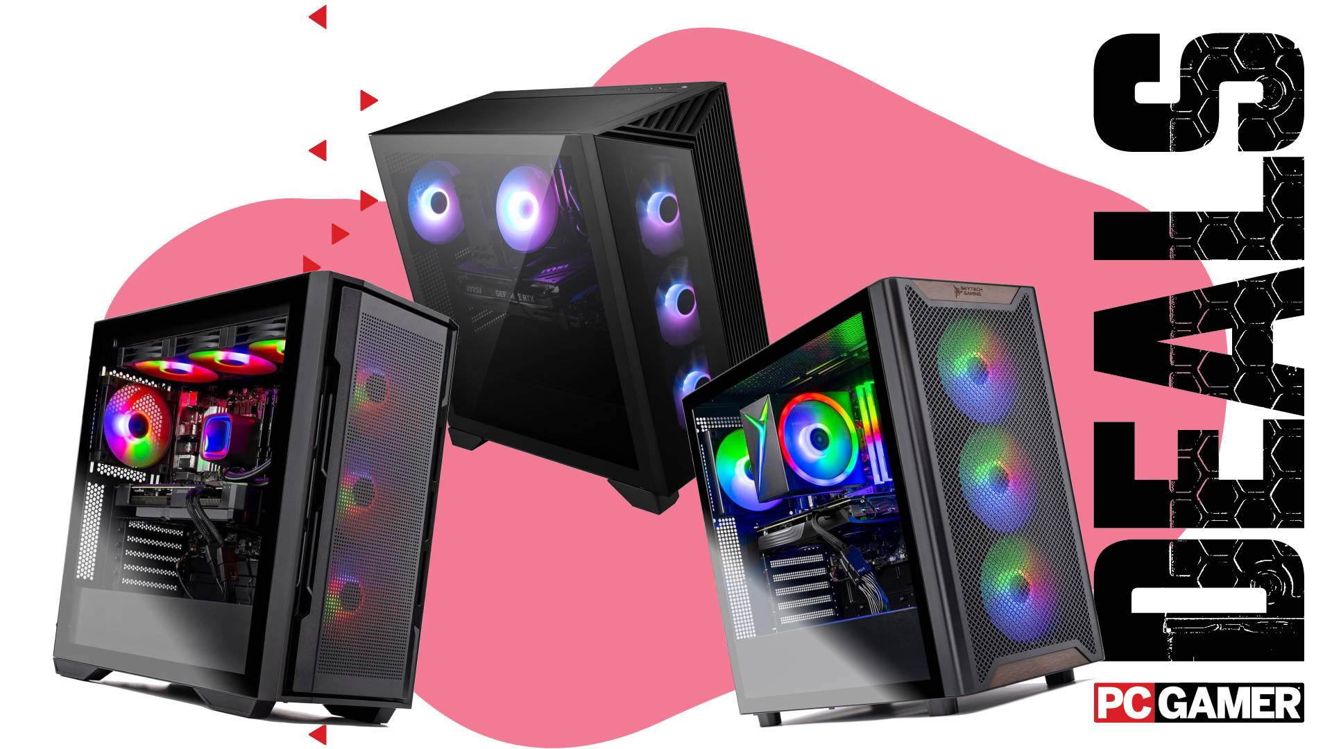 Two Skytech gaming PCs and one MSI one on a custom PC Gamer Deals background.